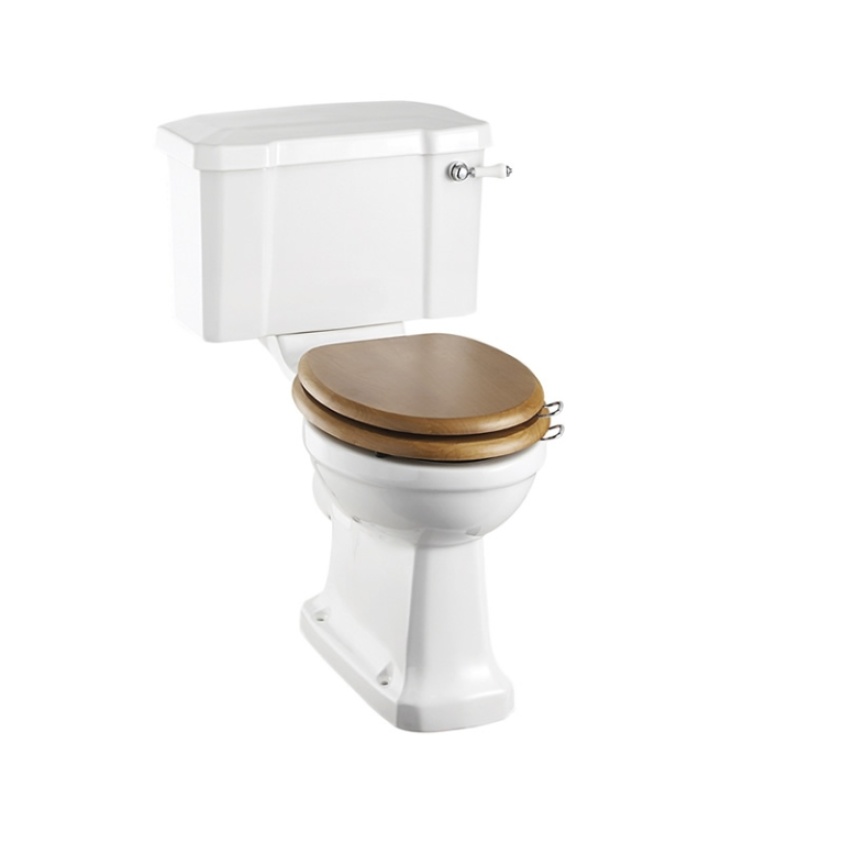 Product Cut out image of the Burlington Rimless Close Coupled Toilet with an Oak Toilet Seat and Chrome Seat Handles